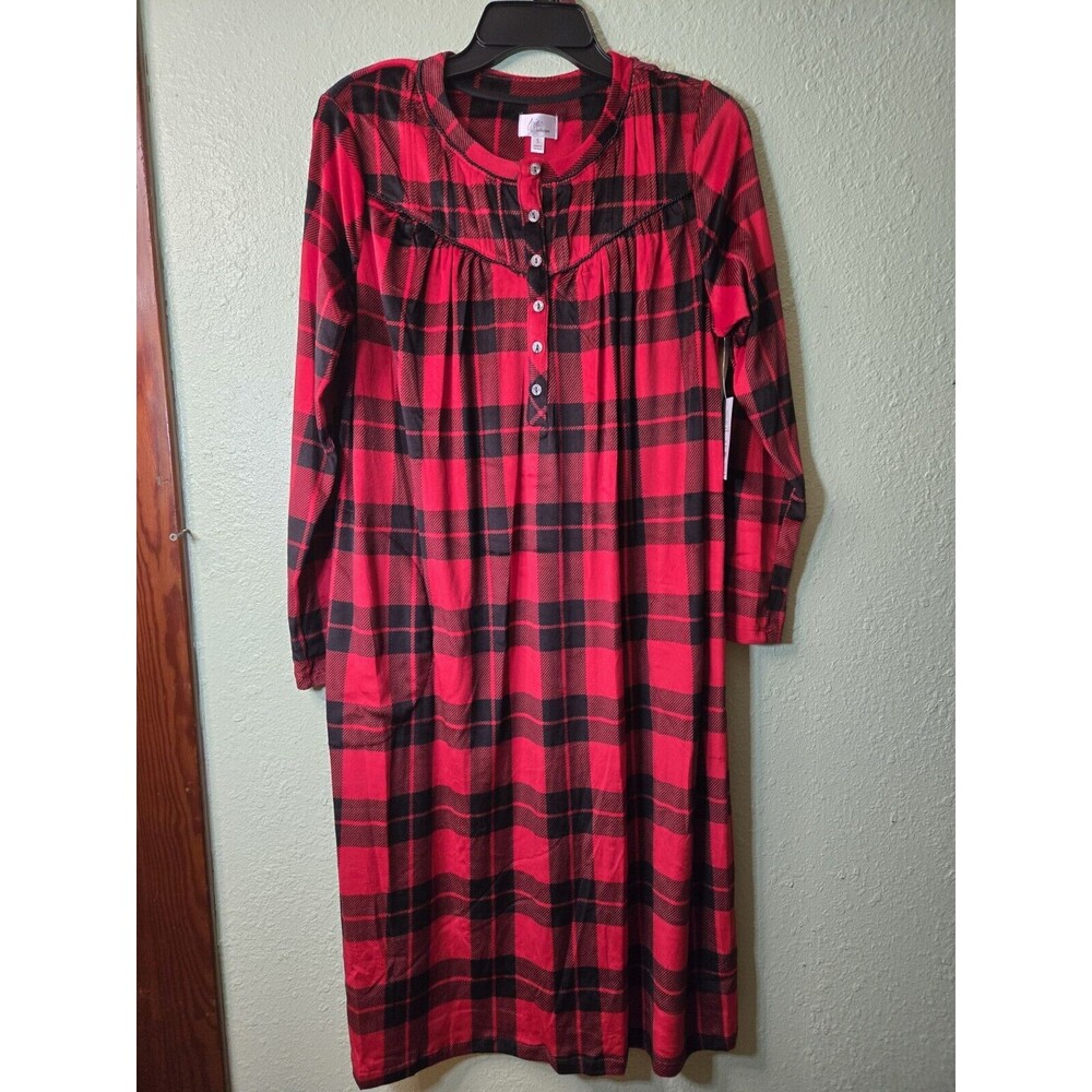 Aria Collections Long Sleeve Velour Night Gown Size Small Red/Black Plaid